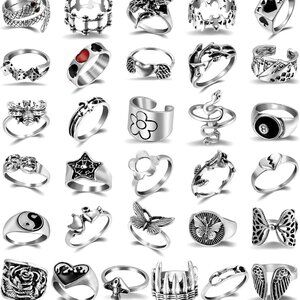 Vintage Silver Open Punk Rings for Men Women, 24PCS Adjustable, Alt, Chunky, Hip